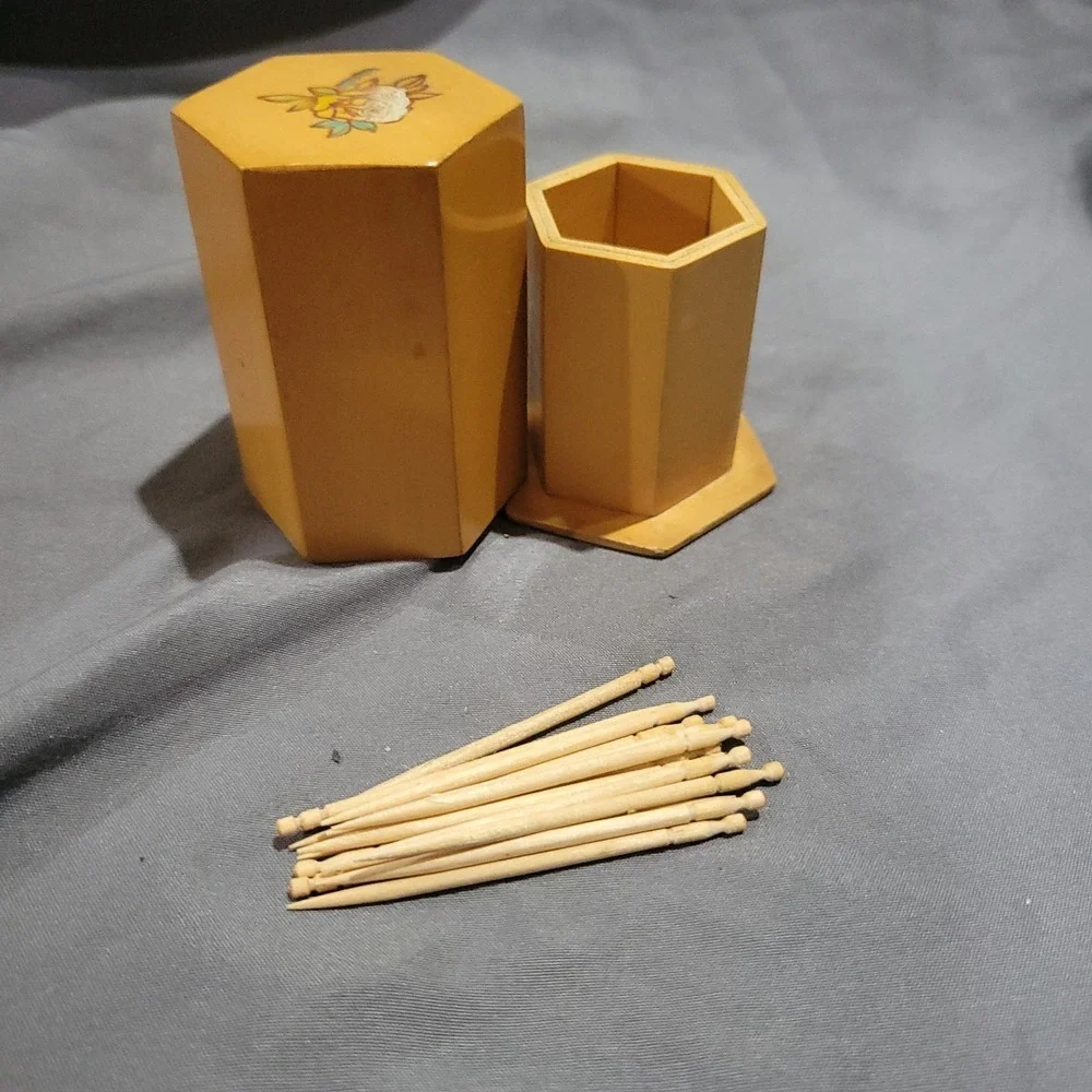 Vintage Handmade Wooden Toothpick Holder Made In China Flowers